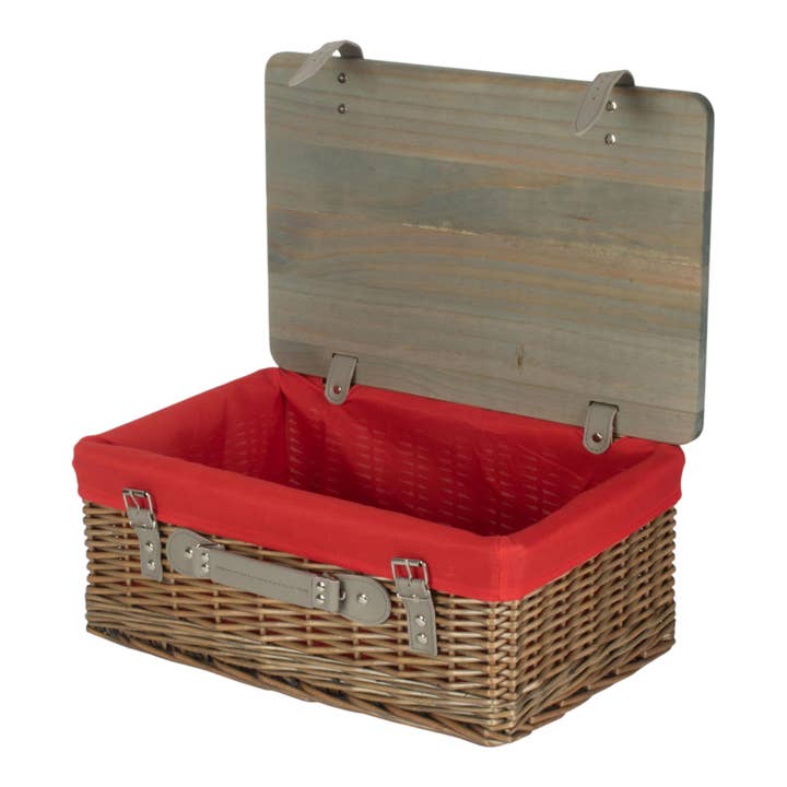 Cesta de picnic vacía de mimbre rojo antiguo con tapa de madera de pino. para venta al por mayor de Red Hamper