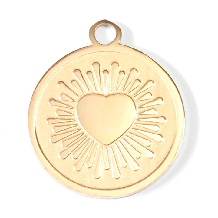 18K Gold PVD Stainless Steel Circle Heart Sun Ray Charm for wholesale by WJW