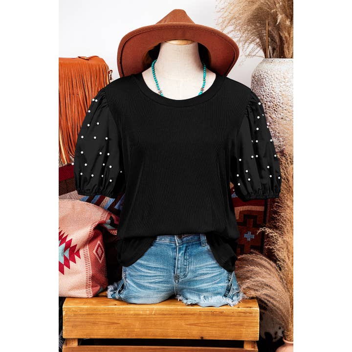 Fashion-W Ribbed Pearl Beaded Puff Sleeve Top for wholesale by fashionworks