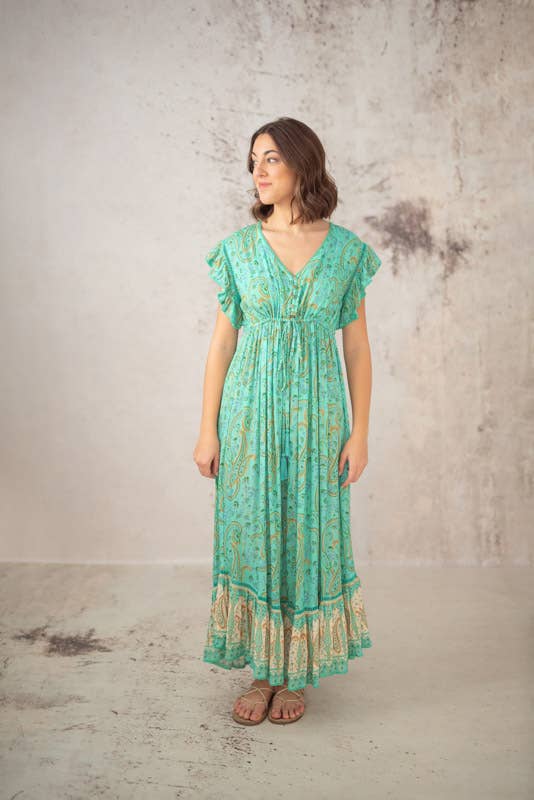 Lula Natura - Vente Robe – femme - Robe verte Selene à manches courtes et boutonnière0