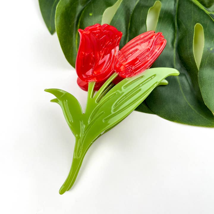 TheDivaSoap - Wholesale Hair Clip - Women's - Red Tulip Claw Clip, Floral Hair Clip