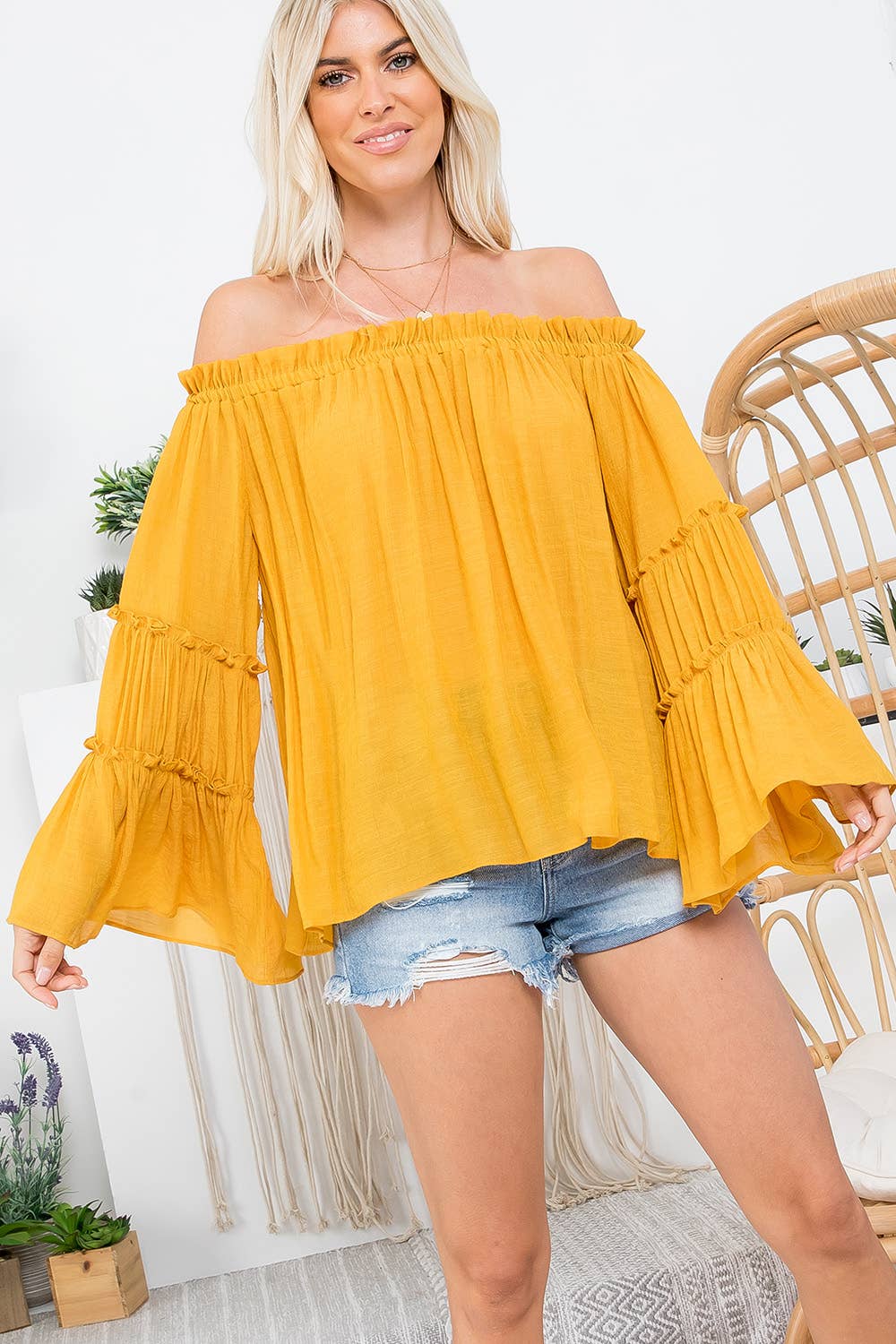 Sweet Lovely by Jen - Wholesale Blouse – Women’s - OFF SHOULDER TIERED BELL SLEEVE TOP49