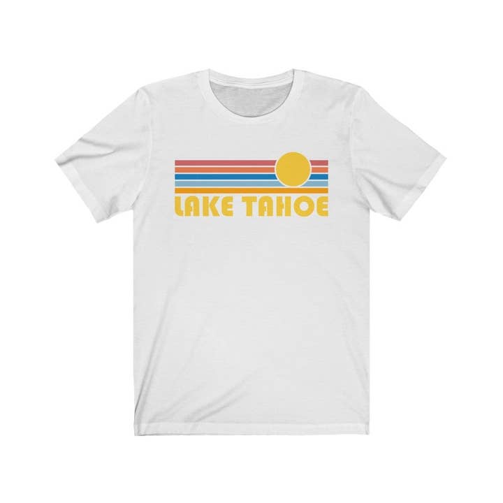 Hey Mountains - Wholesale Screen Printed T-Shirt - Unisex - Lake Tahoe T-Shirt - Retro Sunrise Adult California T Shirt2