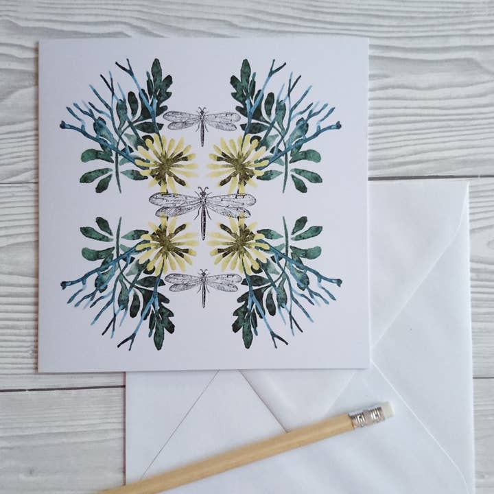 Yellow flora and dragonfly Blank Greeting Card for wholesale by Lisa Travers