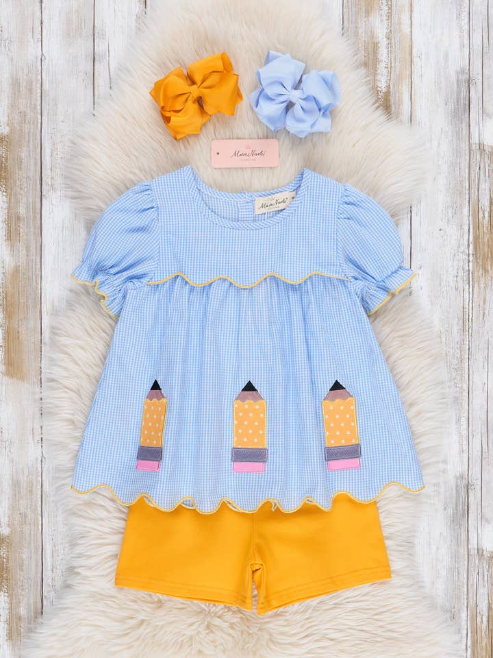 Marie Nicole Clothing - Wholesale Top & Short Set - Kids - Scallop Hem Embroidered Pencils Outfit