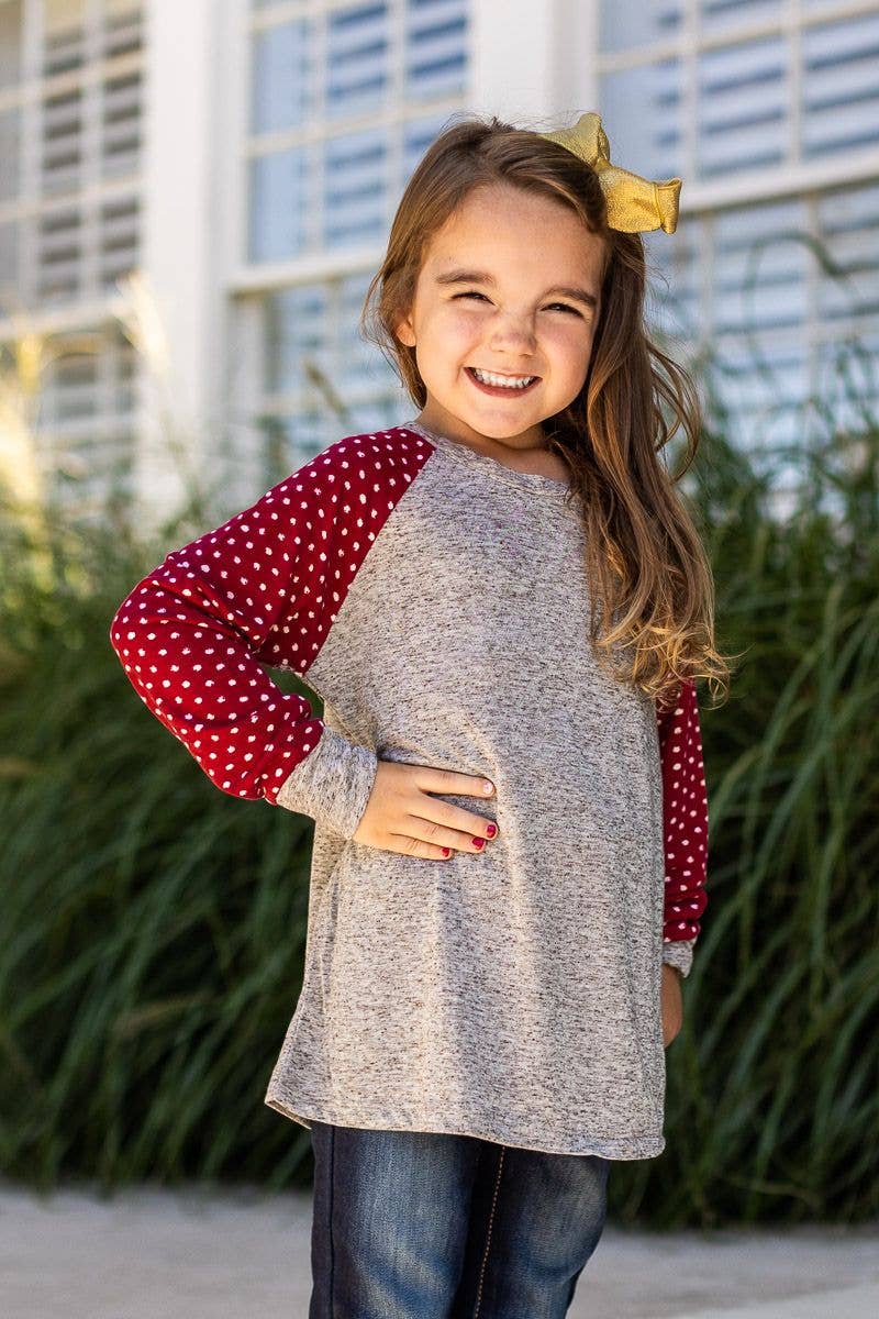 Girls' Grey Longsleeve Tee with Polka Dot Print Sleeves for wholesale on Faire