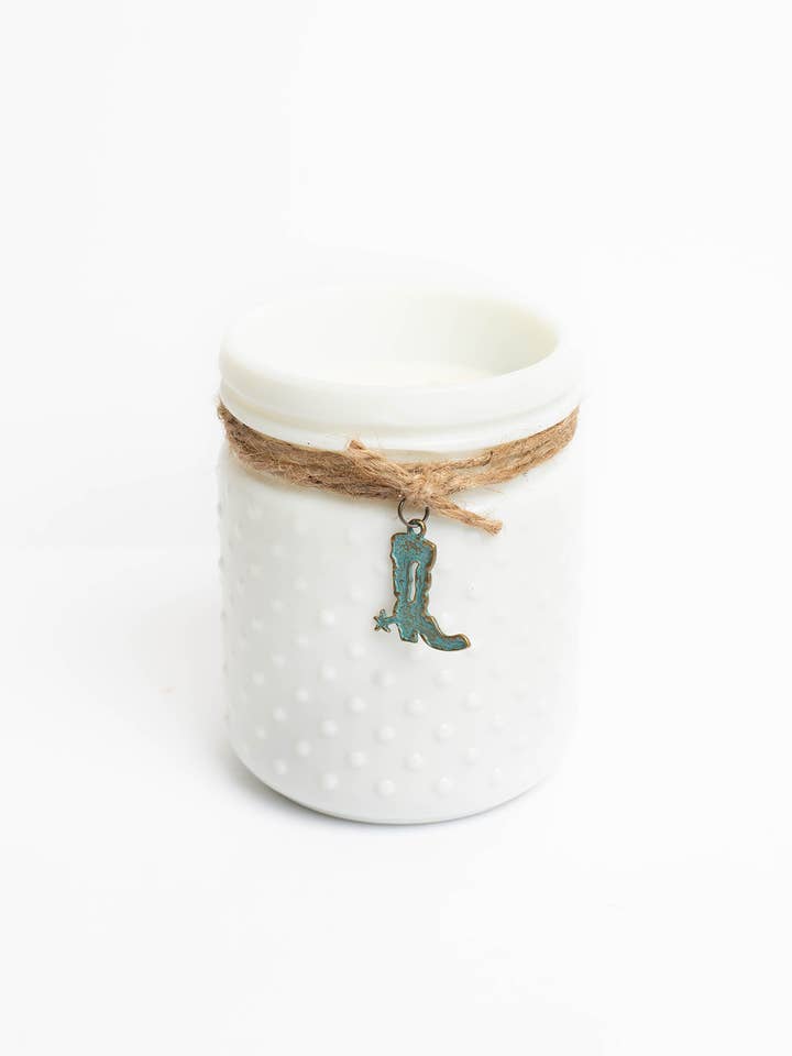 Vintage White Hobnail Candle with Boot for wholesale by Sweet Wick Candle Company
