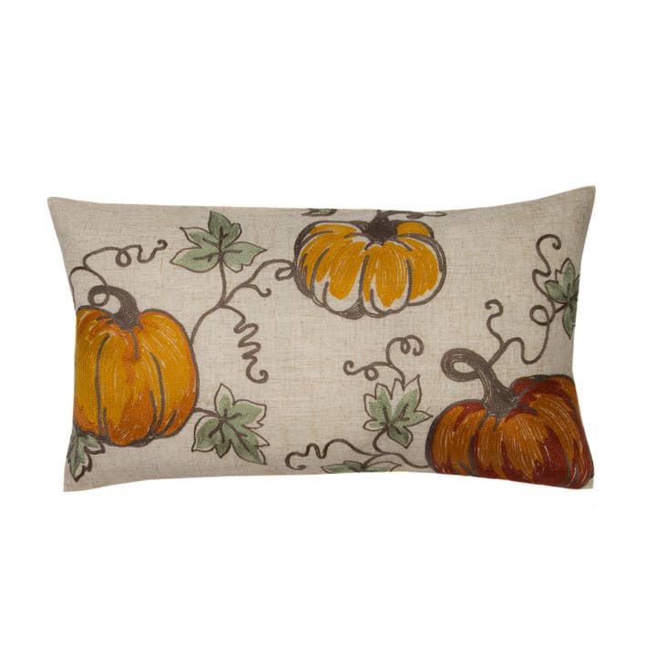 Rustic Pumpkin Crewel Embroidered Fall Pillow, 12 by 20-Inch for wholesale by Xia Home Fashions & Manor Luxe