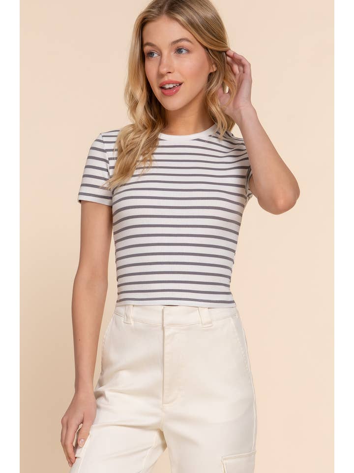 Active Basic | Active USA - Vendita all'ingrosso Top in maglia - Donna - Top a righe in cotone a costine con maniche corte e collo rotondo4