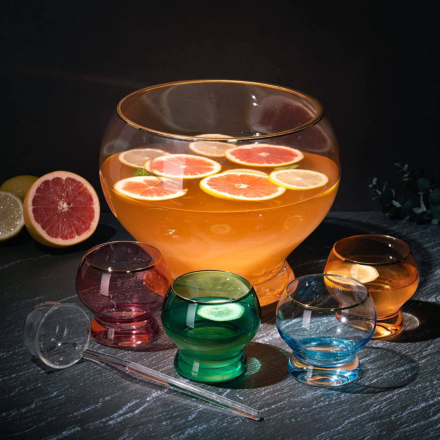 The Wine Savant /  Khen Glassware - Wholesale Punch Bowl - Colorful 3 Gallon Punch Bowl with 4 10oz Glasses Set & Ladle4