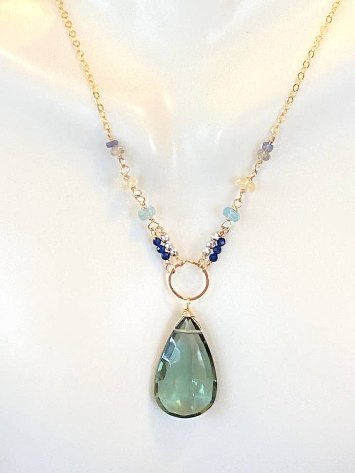 Green amethyst with opal, apatite, iolite, silver pyrite, for wholesale by Judy Brandon Jewelry