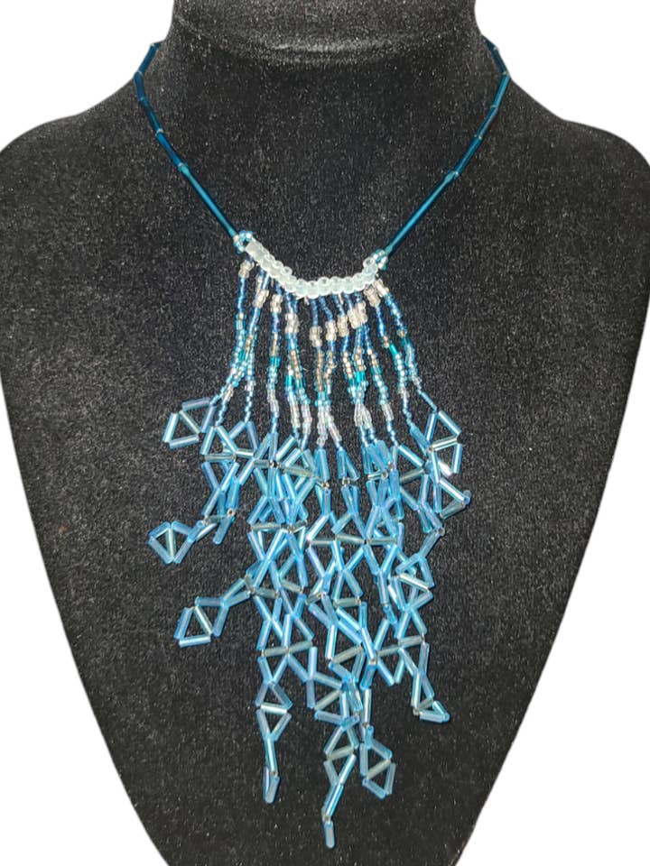 Aqua Blue Triangle Waterfall Necklace for wholesale by Tsuga Beadwork