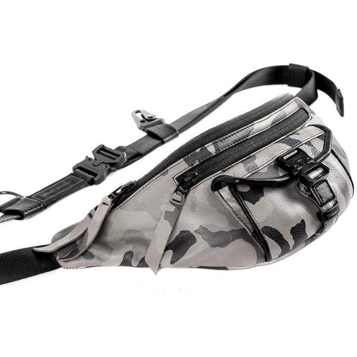 Downtown Gray Camo Leather Fanny Pack Sling Bag Utility Passport Holder for wholesale by JUNGLE TRIBE