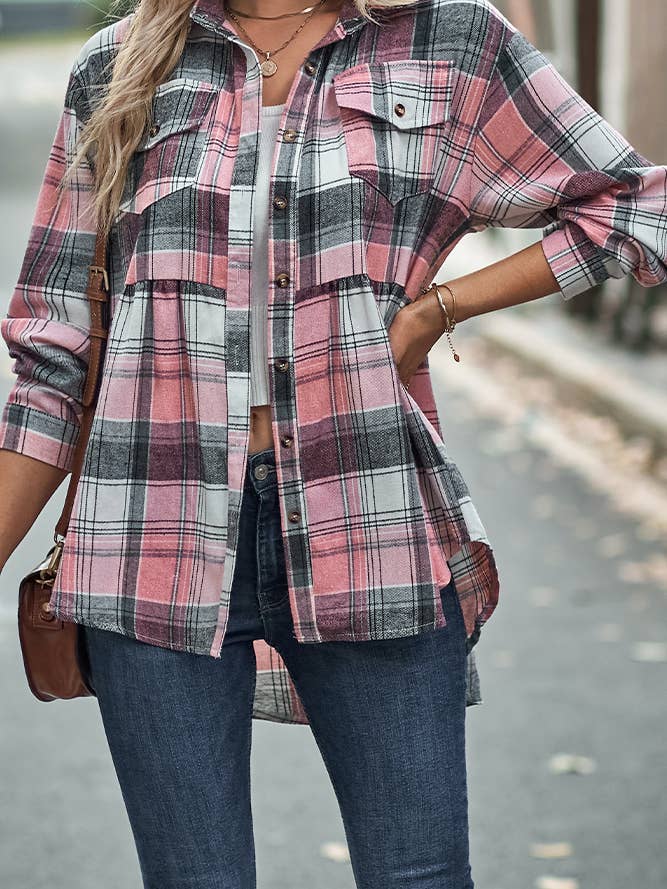 UNISHE - Wholesale Buttoned-down shirt – Women's - Plaid Open Button Flowy Shirts ZZKF09711