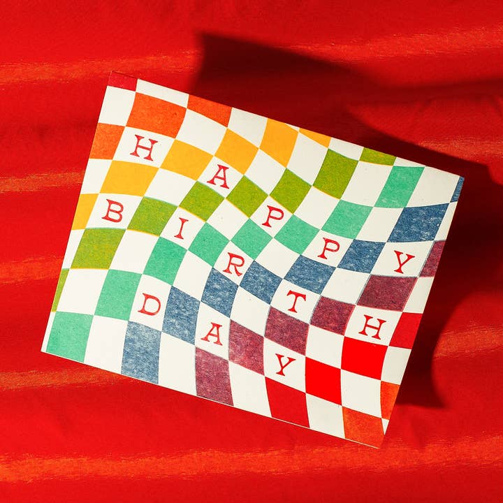 Rainbow Checkerboard Birthday - Risograph Card for wholesale by Bromstad Printing Co.