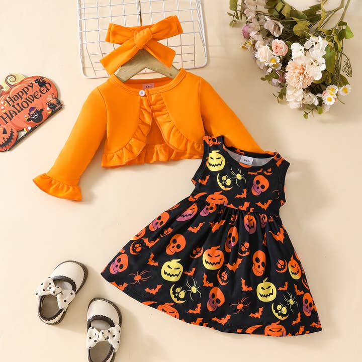 Fennco Styles - Wholesale Clothing Set - Baby - Orange Skull Pumpkin 3-Piece Baby Dress Set1