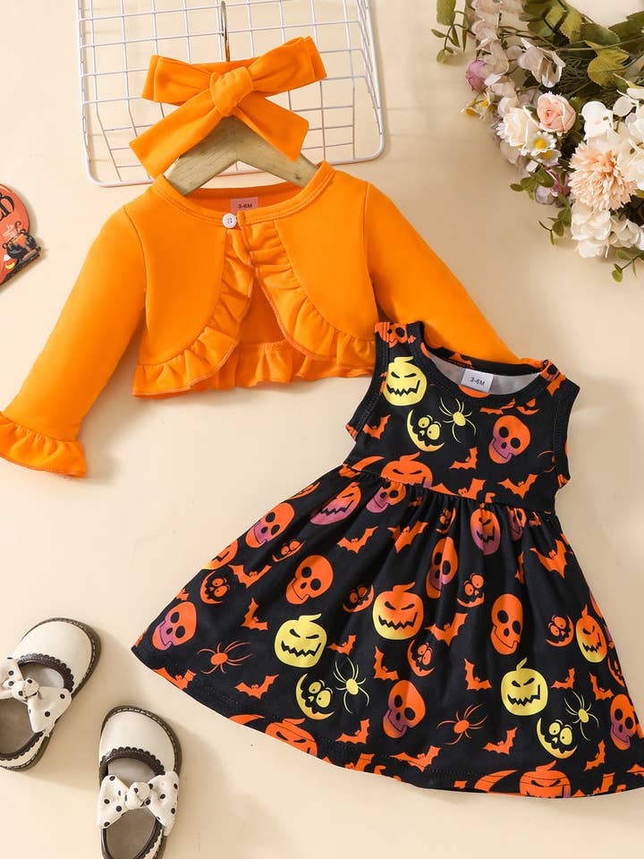 Fennco Styles - Vente Ensemble de vêtements – bébé - Ensemble de robe pour bébé 3 pièces Citrouille Crâne Orange1