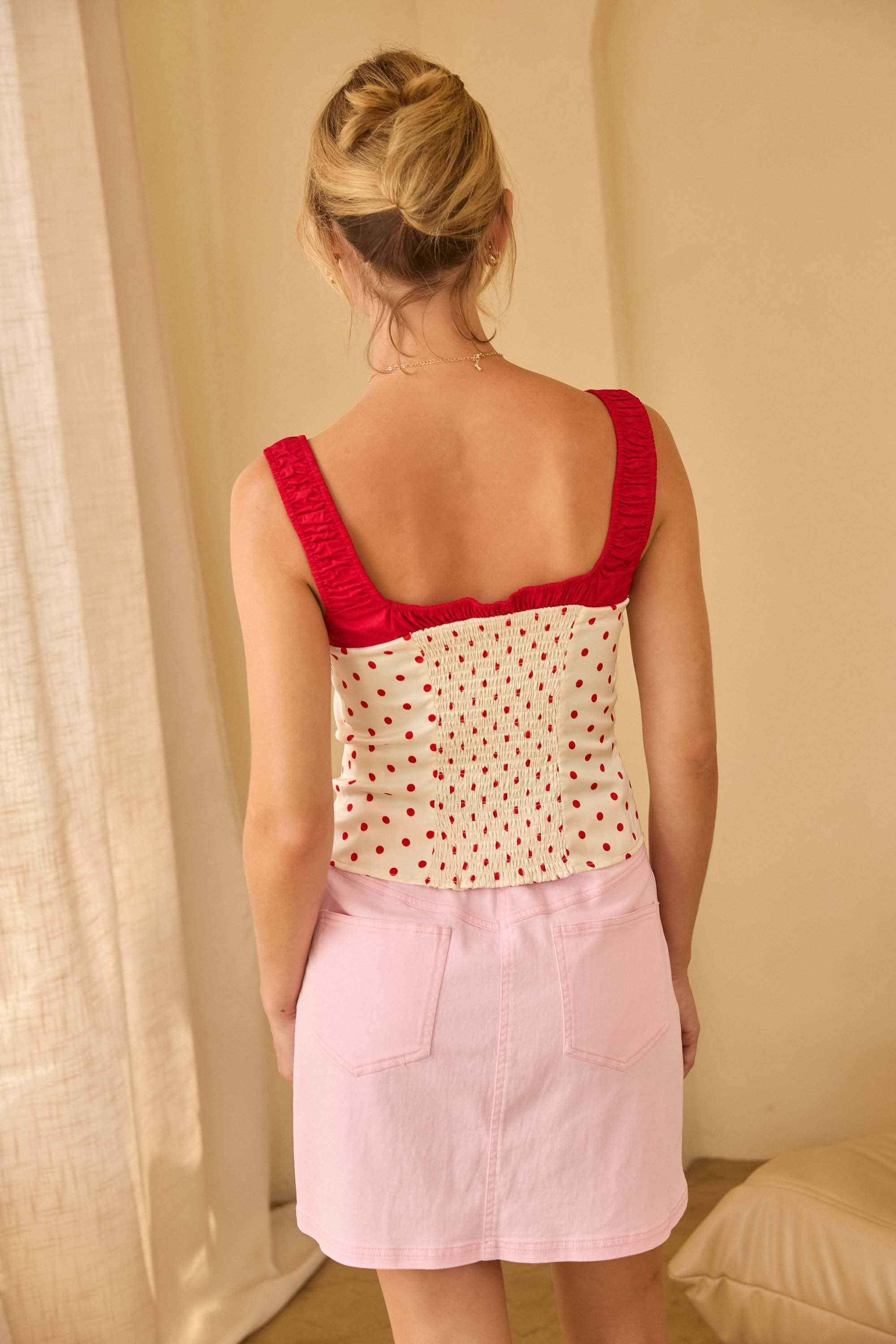 Blanc-Rouge Haut sans manches à pois avec nœud en vente sur Faire4