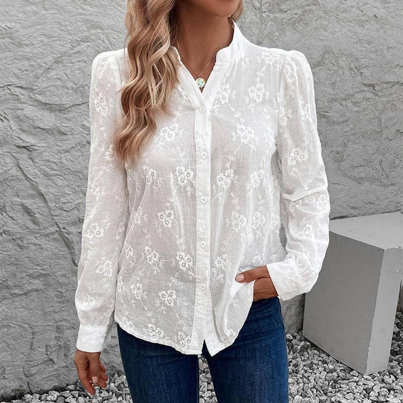 BLANCO Blusa blanca de manga larga con bordado de encaje de venta al por mayor en Faire0