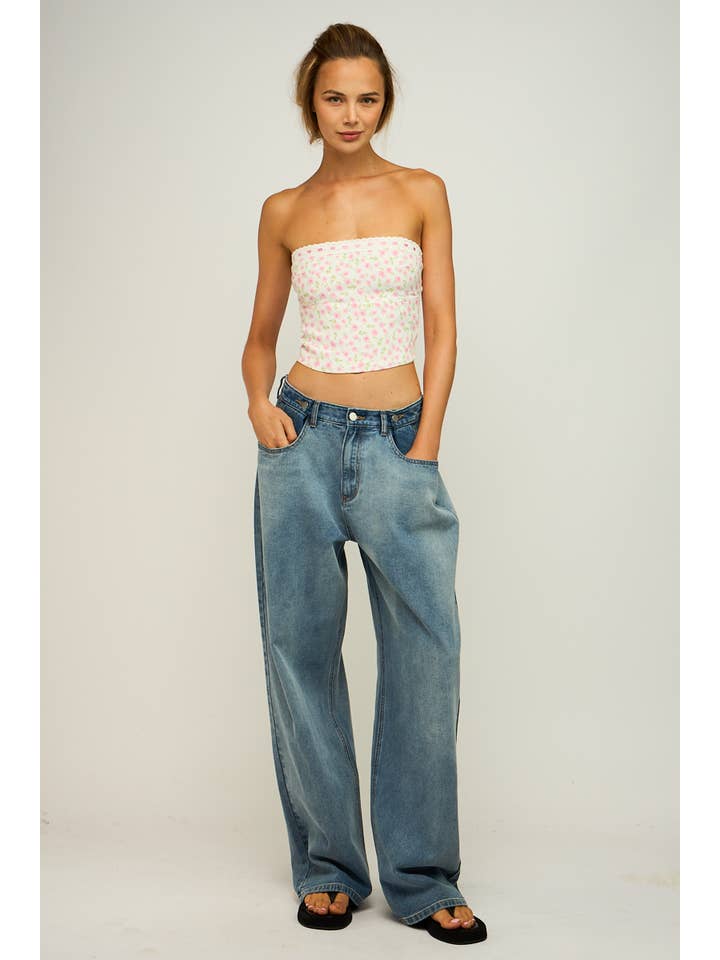Date With Jannie DITSY FLORAL LACE TRIM BACK ZIPPER TUBE CROP TOP for wholesale on Faire