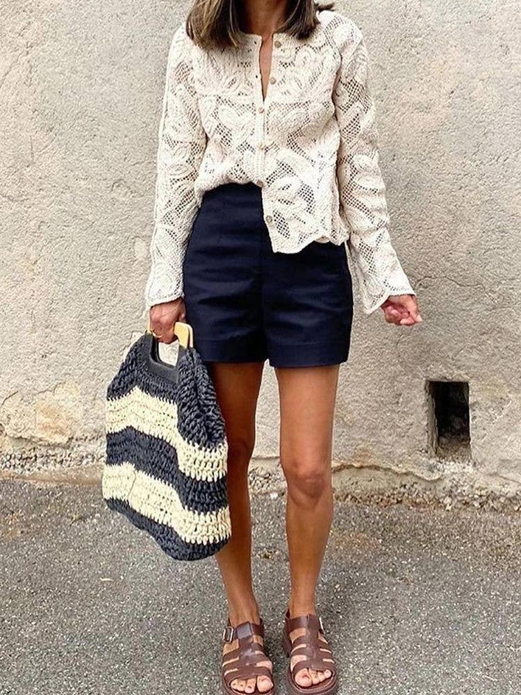 Beige Knit Button-Down Hollow Out Sweater Top for wholesale on Faire8