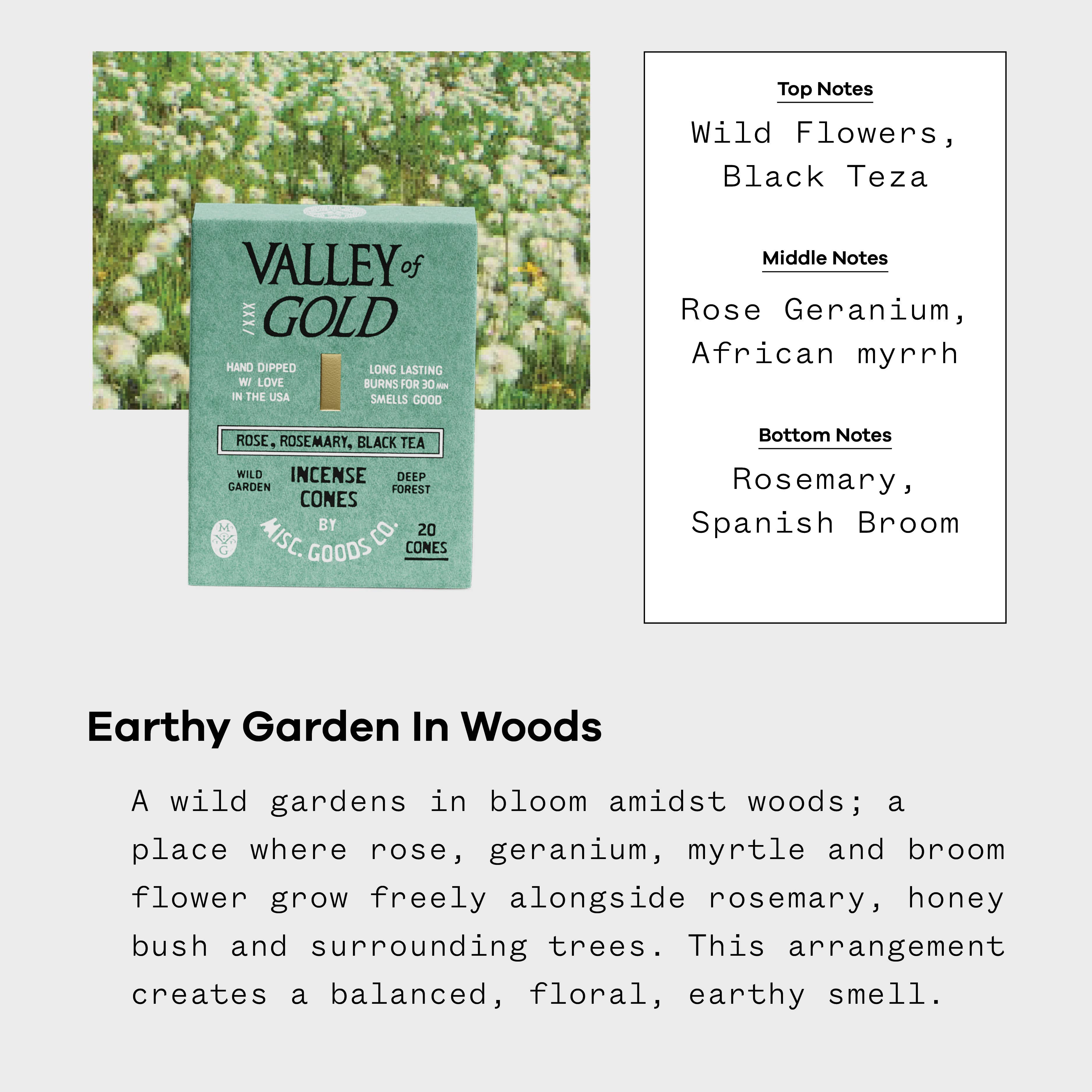 Misc Goods Co. - Wholesale Wierook - Valley of Gold Wierookkegels – Wilde bloemen, Roos & Rozemarijn | Schoon brandend, 20-pack1