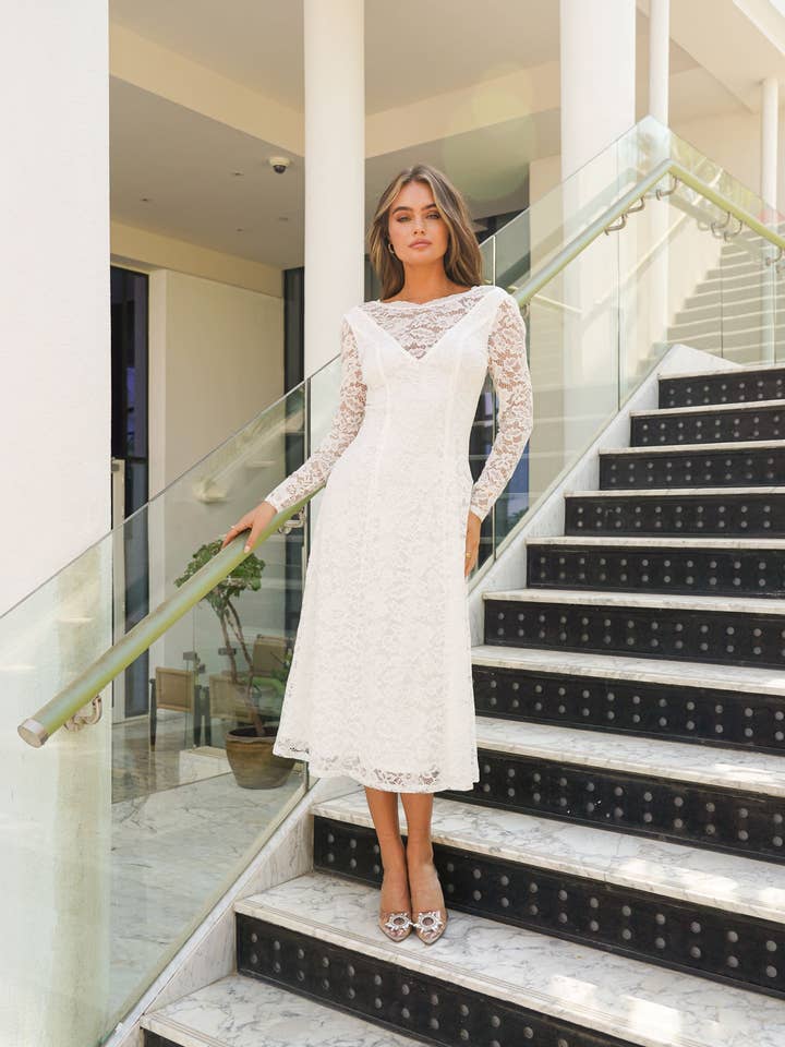 Long Sleeve Lace Midi Dress in White for wholesale by Skirt & Stiletto