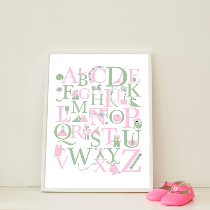 Illustrated A To Z Alphabet Print for wholesale by Know It All Prints