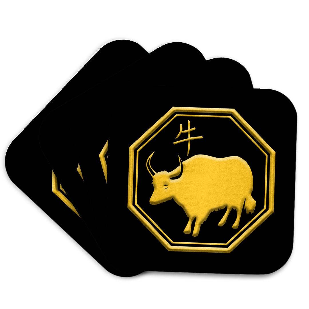 3dRose - Wholesale Coasters - 3dRose, Chinese zodiac symbols. Yellow on black image. The year of the ox, Coaster7