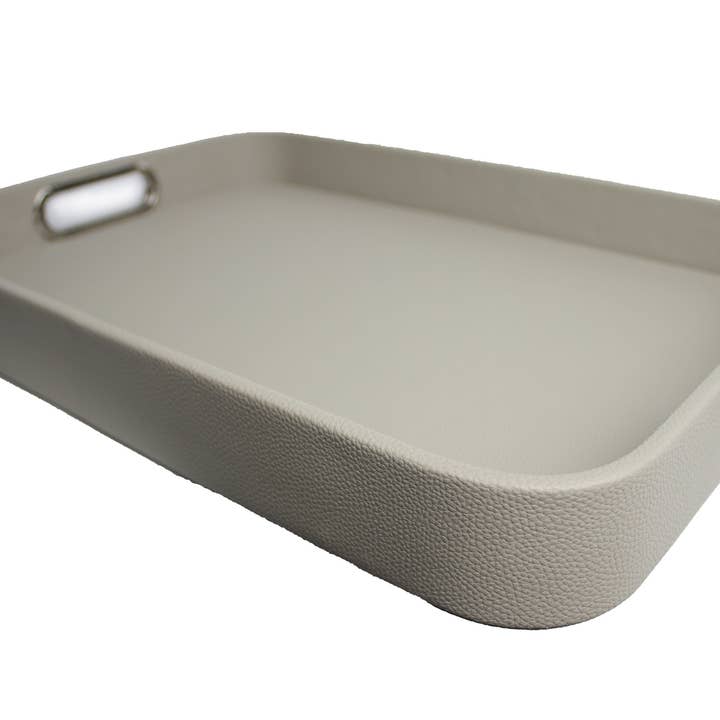 Signature Home Collection GmbH - Wholesale Serving Tray - Tray faux leather light gray smooth leather look stainless steel handles0