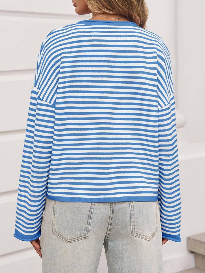 Suhkasana - Wholesale Cardigan - Women's - Striped Color Block Cardigan Sweater | Long Sleeve Casual Open Front12