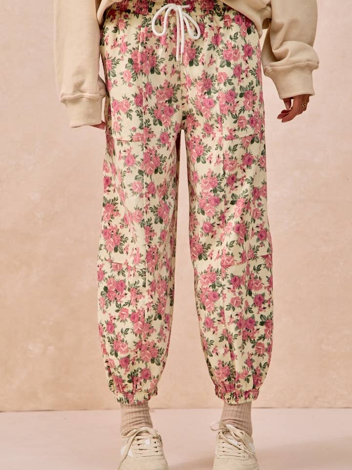Floral Printed Twill Pants With Elastic Band for wholesale by Vanilla Monkey