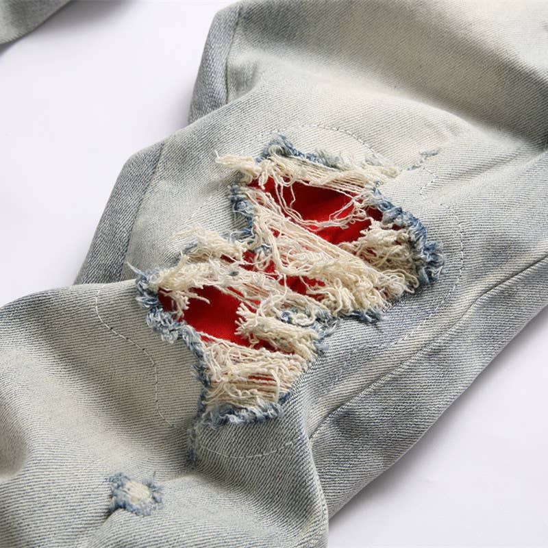 Blå Broderade slitna jeans herr slim fit skinny jeans för wholesale på Faire10