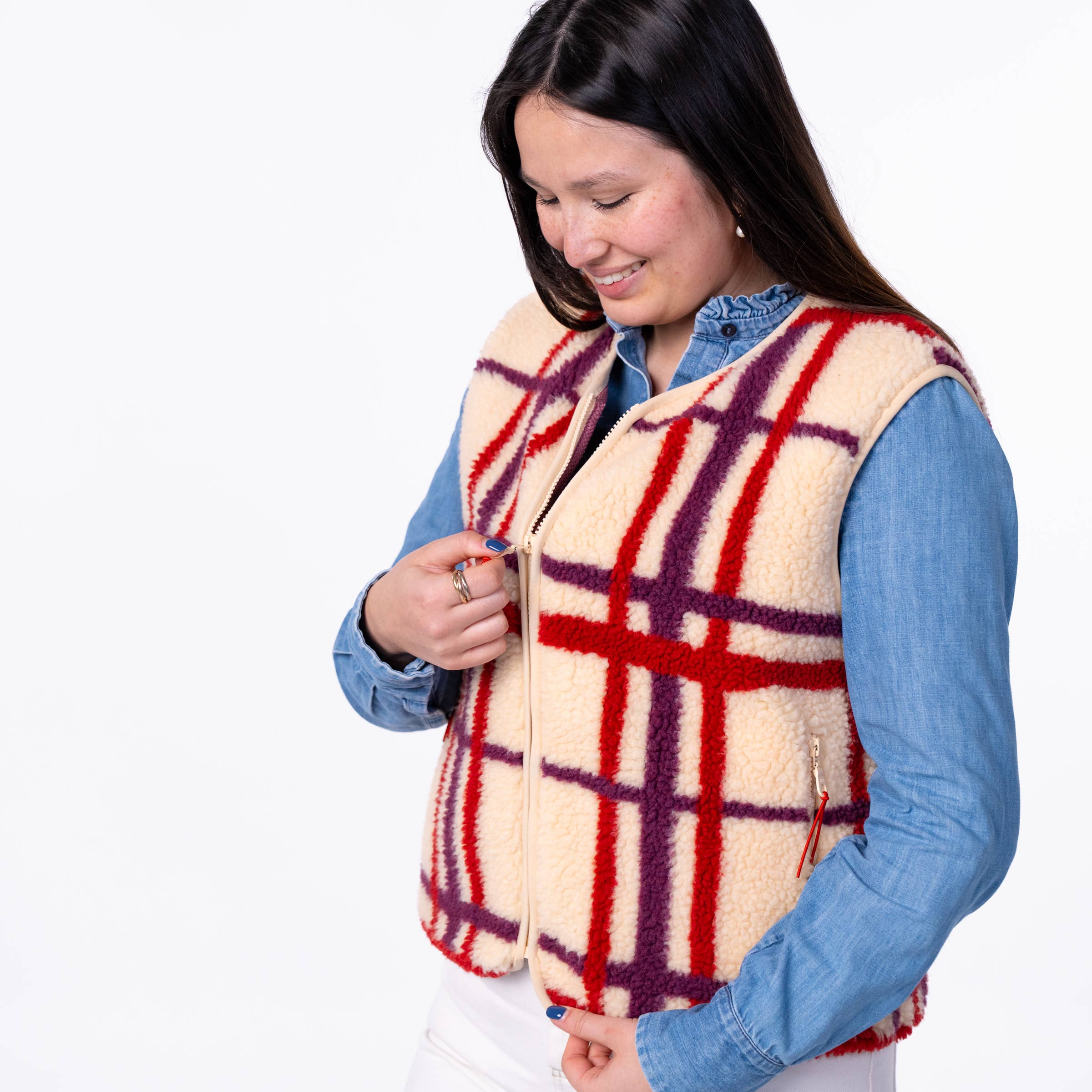 BILLYBELT – Colete - Mulher por atacado – Colete xadrez sherpa feminino sem mangas com zíper4