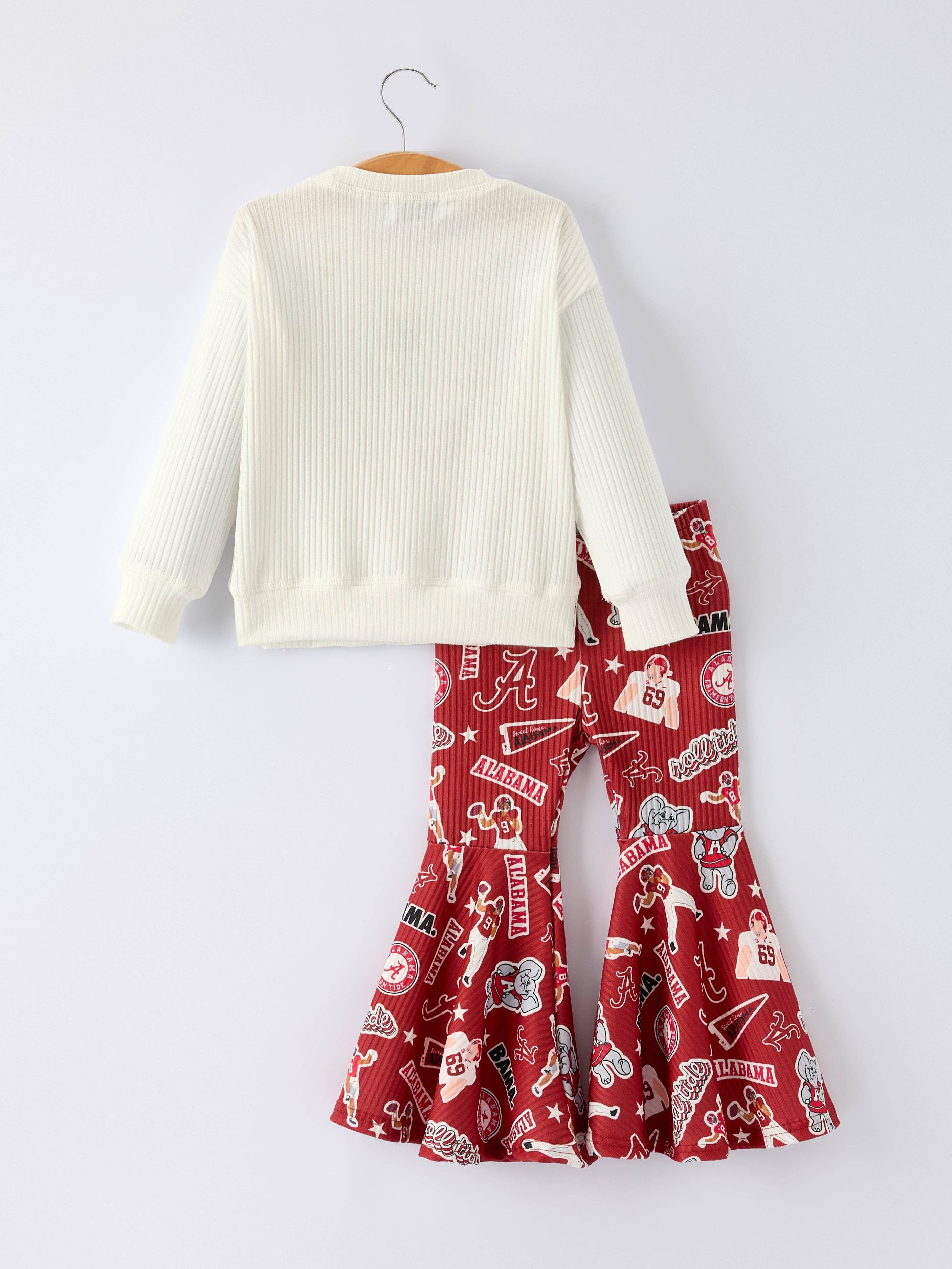 Rylee Faith Designs – Conjunto de camisola e calças – criança por atacado – Conjunto de Jogo para Meninas – Top Elefante Roll Tide e Calças Flare com Padrão Vermelho1