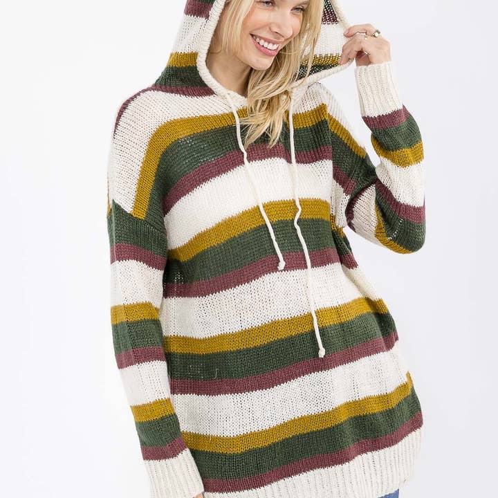 1608C- Multicolor striped hooded knit sweater for wholesale by IWT Brands