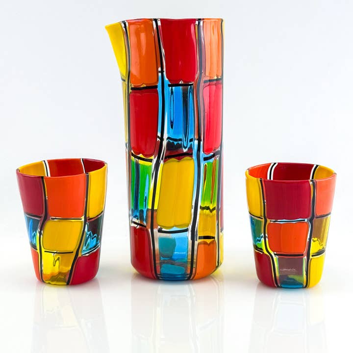 Set of 2 Drinking Glasses, Carafe, Pazzia - Handblown Murano Glass for wholesale by Via Graceffo