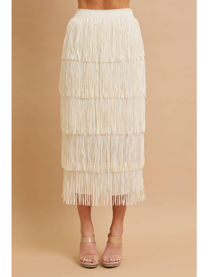 Ivory Tiered Fringe Skirt With Elastic Waist for wholesale on Faire3