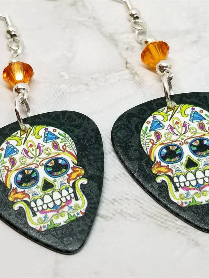Brincos de Guitarra Sugar Caveira com Cristais Swarovski Laranja por atacado de Simply Raevyn