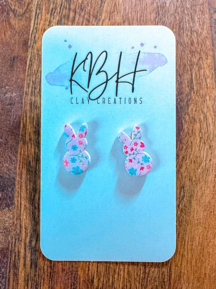 Blue Floral Bunny Stud Clay Earrings for wholesale by KBH CREATIONS