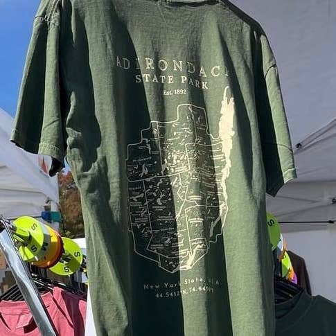 Just Wandering Co. - Wholesale Screen Printed T-Shirt - Unisex - Adirondack Park Map Short Sleeve Shirt | Plattsburgh, New Yo5