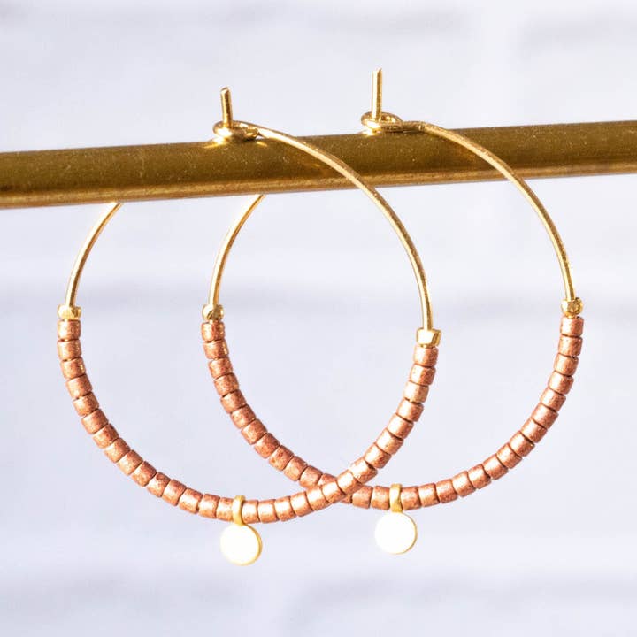 Delicate, gold-plated, minimalist hoop earrings//designer jewelry//Japanese glass beads//handmade for wholesale by Atelier Vivienne
