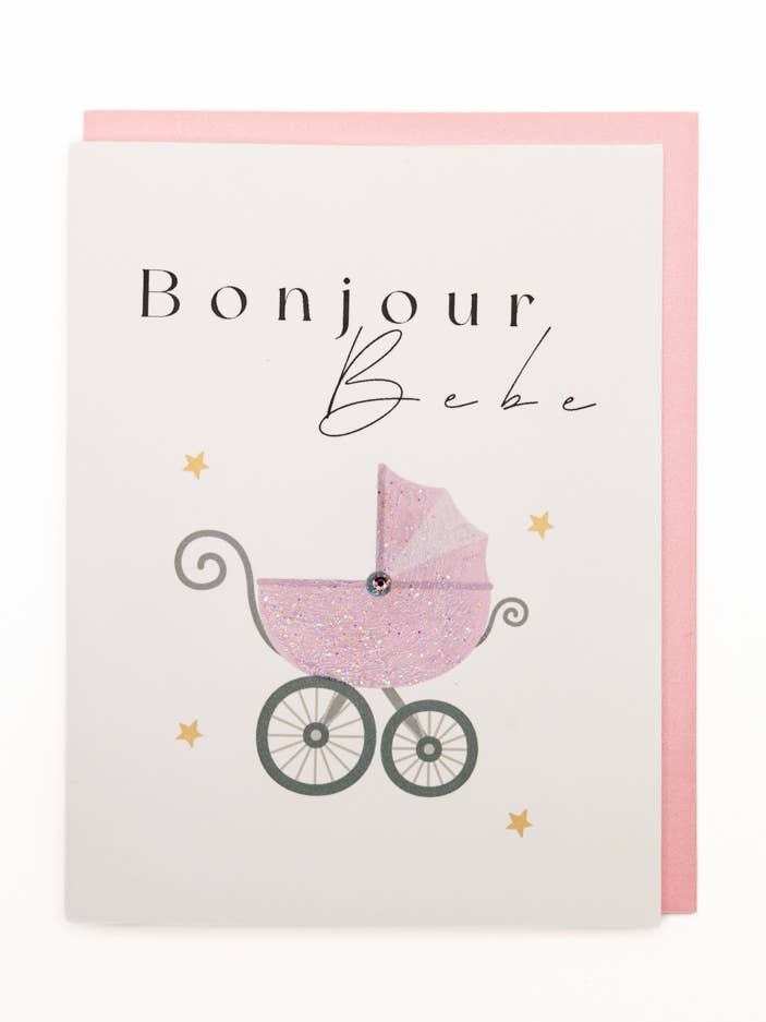 'Bonjour Girl' Baby Carriage Baby Shower Greeting Card for wholesale by Lavender Vines