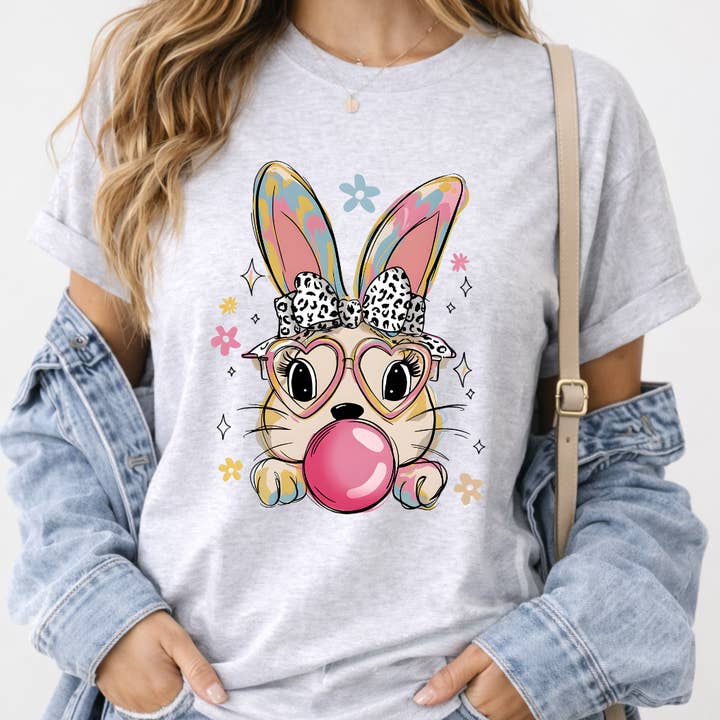 Retro Easter Bunny Blowing Bubble Gum Easter Graphic Tee for wholesale by Simply Spoken Apparel