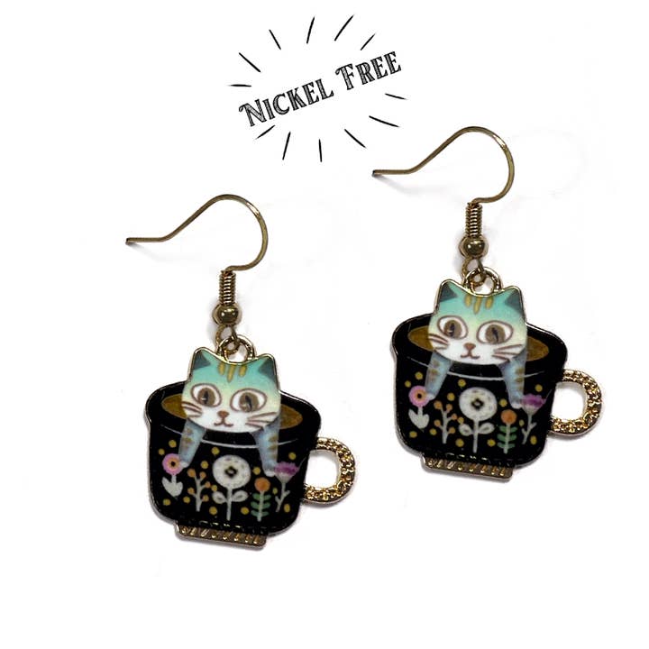Tea Cup Cat Earrings for wholesale by Songbird Artistry