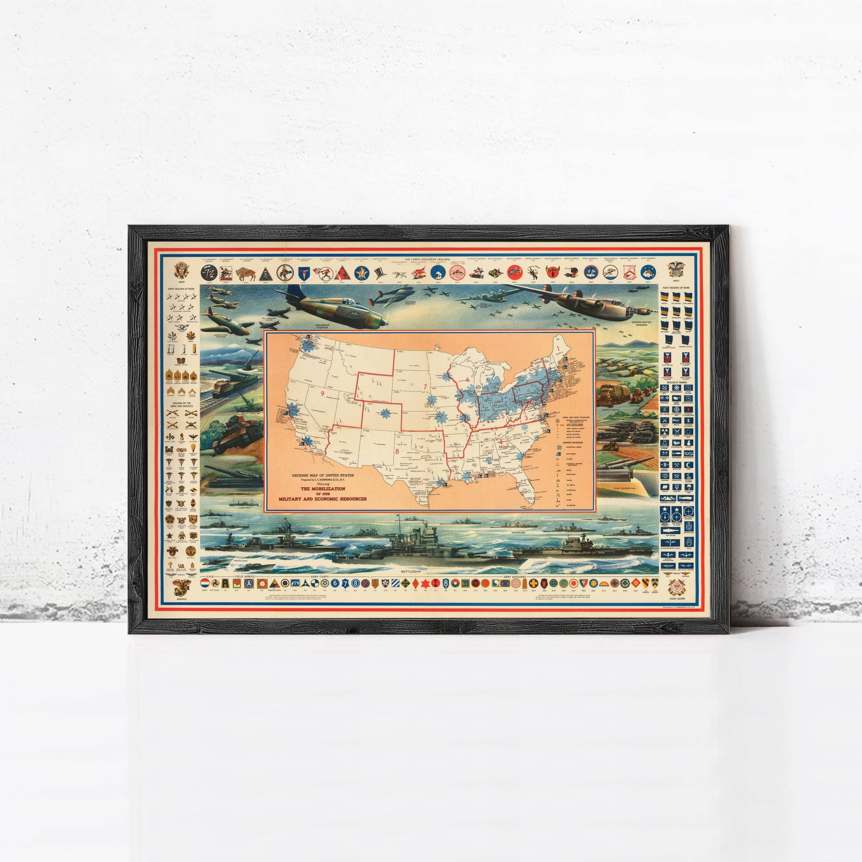 OldCityPrints - Old Maps and Posters - Wholesale Map - Defense Map of United States America 1942 Mobilization of our Military and Economic Resources | Wall Map Print