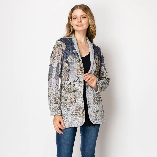 Glam Sequin Embellished Lace Blazer -4800GREY DD NAVY FL for wholesale by Origami Apparel ~ Lace and Crochet inspired