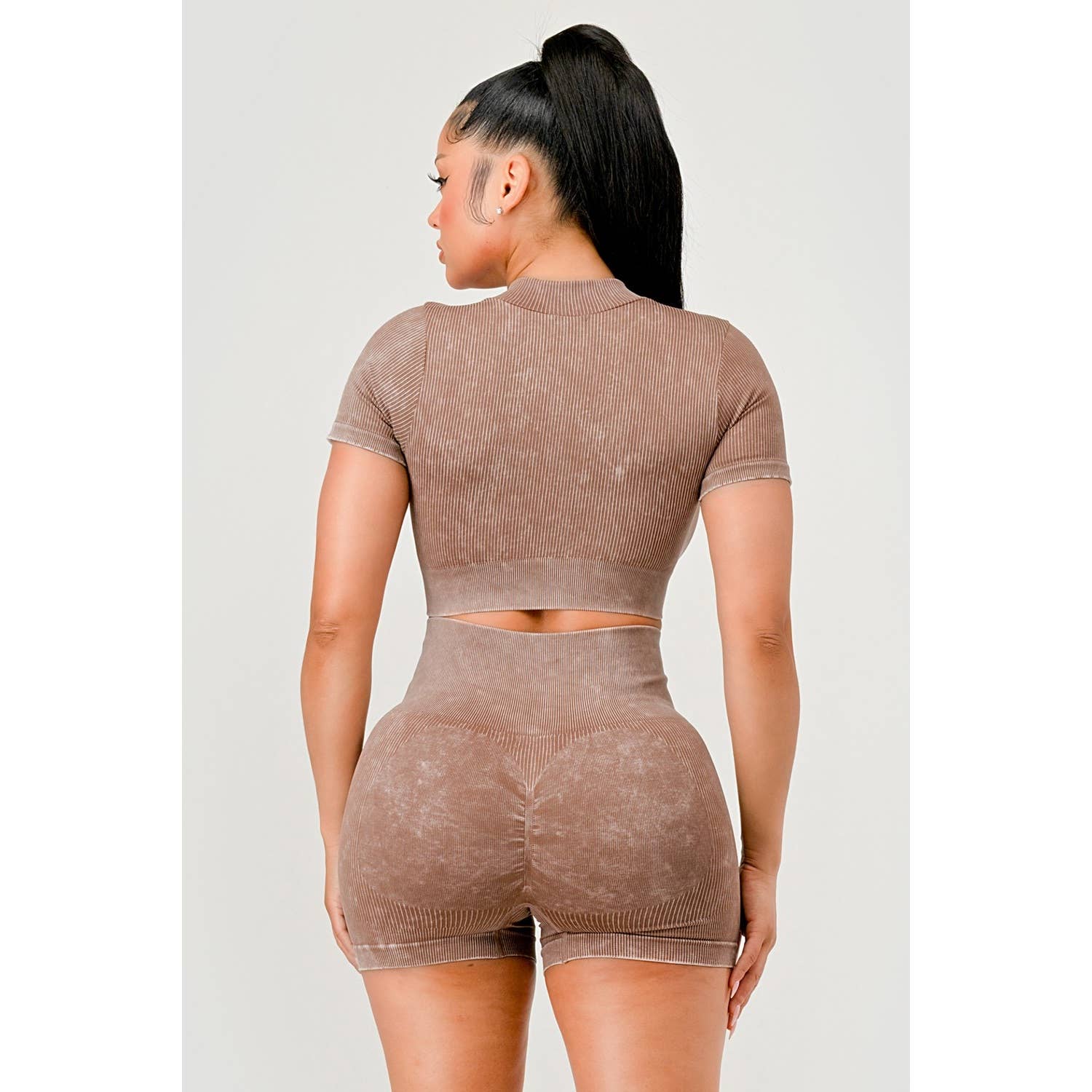 ITSSY - Venta al por mayor Conjunto de ropa deportiva - Mujer - Conjunto de Top con Cremallera y Pantalones Cortos Sin Costuras de Lavado Mineral2