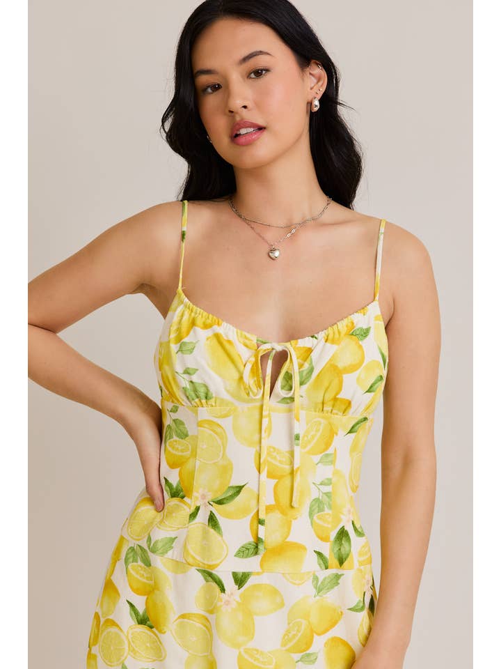 CREAM YELLOW SHIRRED NECK LOW WAIST DRESS for wholesale on Faire