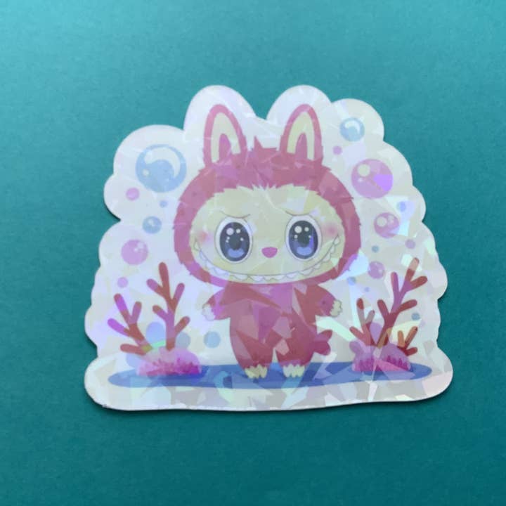 Pegatina de vinilo holográfica inspirada en el pequeño monstruo de BubbleLand para venta al por mayor de Something Personal